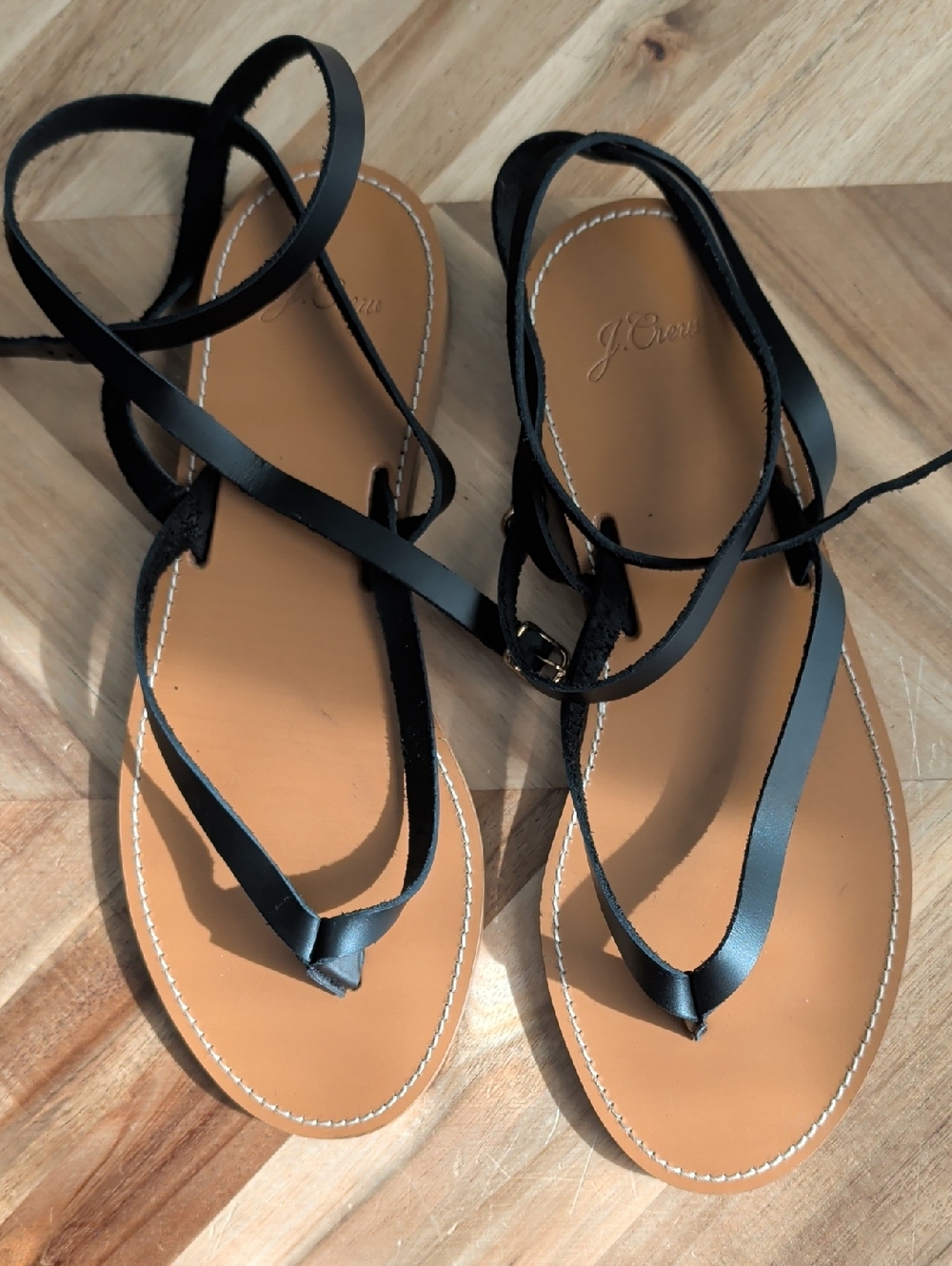 EUC J. Crew Black Vachetta Thong Leather Wrap Sandals with Tan Footbed